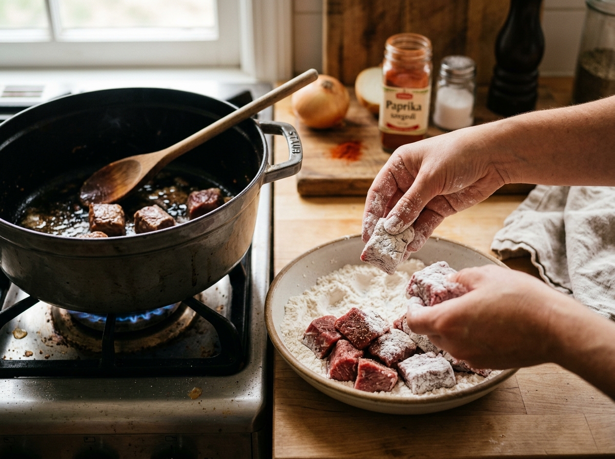 Dredged beef cubes browning in a pot with onions and paprika.