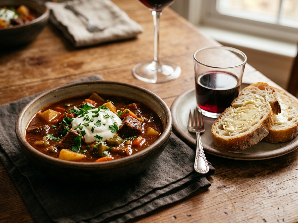 A bowl of goulash topped with sour cream and fresh parsley.