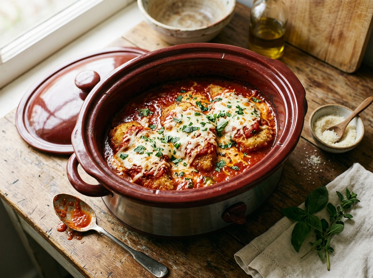 A bubbling crockpot of shredded chicken in rich tomato sauce.
