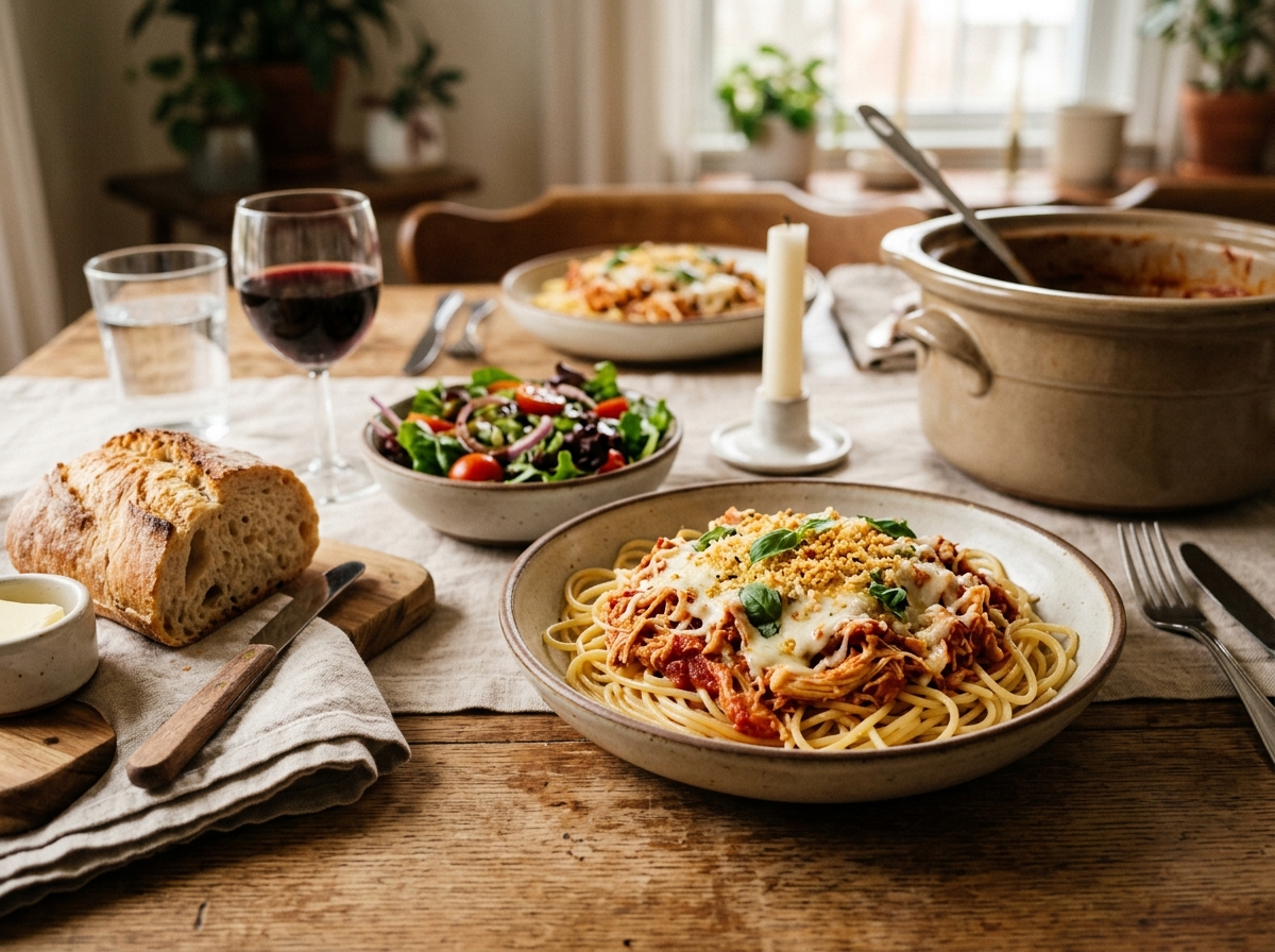 A plated bowl of spaghetti topped with shredded chicken parmesan.
