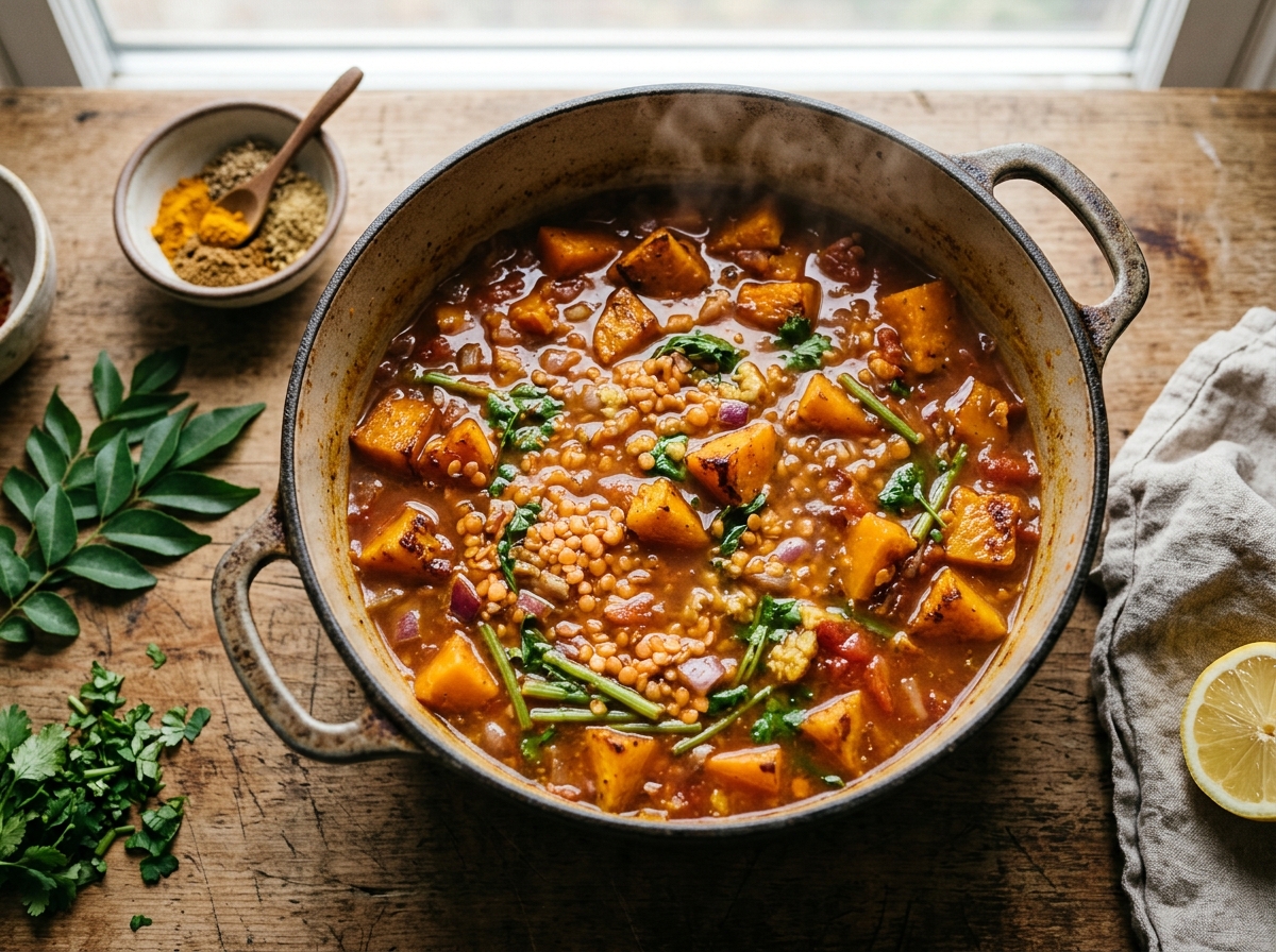 A steaming bowl of golden butternut squash and lentil stew with spinach.