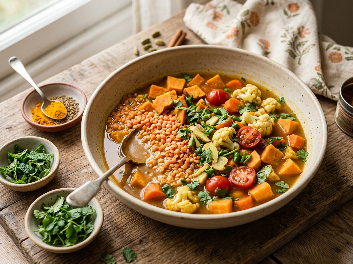 A steaming bowl of lentil and vegetable stew with fresh parsley.