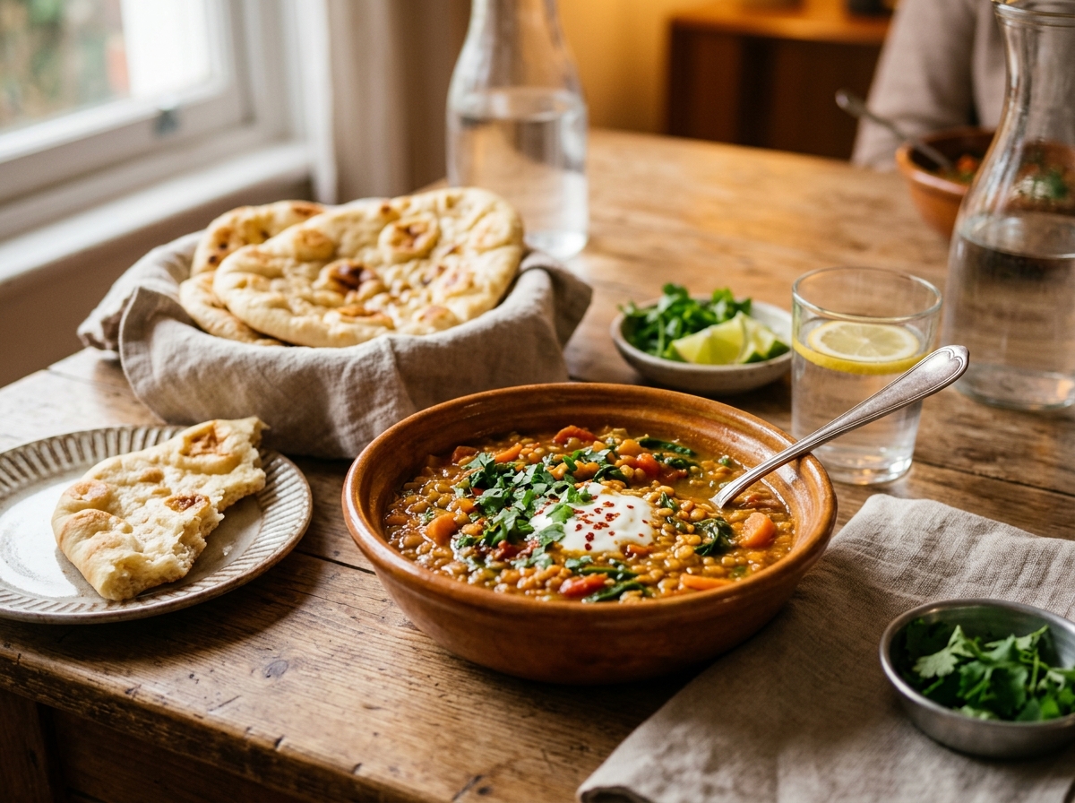 Bowl of stew served with warm flatbread on the side.