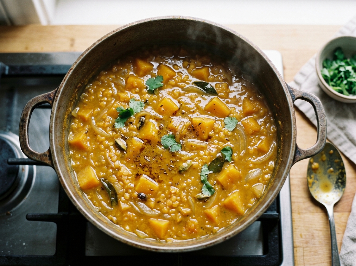 A steaming pot of thick butternut squash lentil stew on the stove.