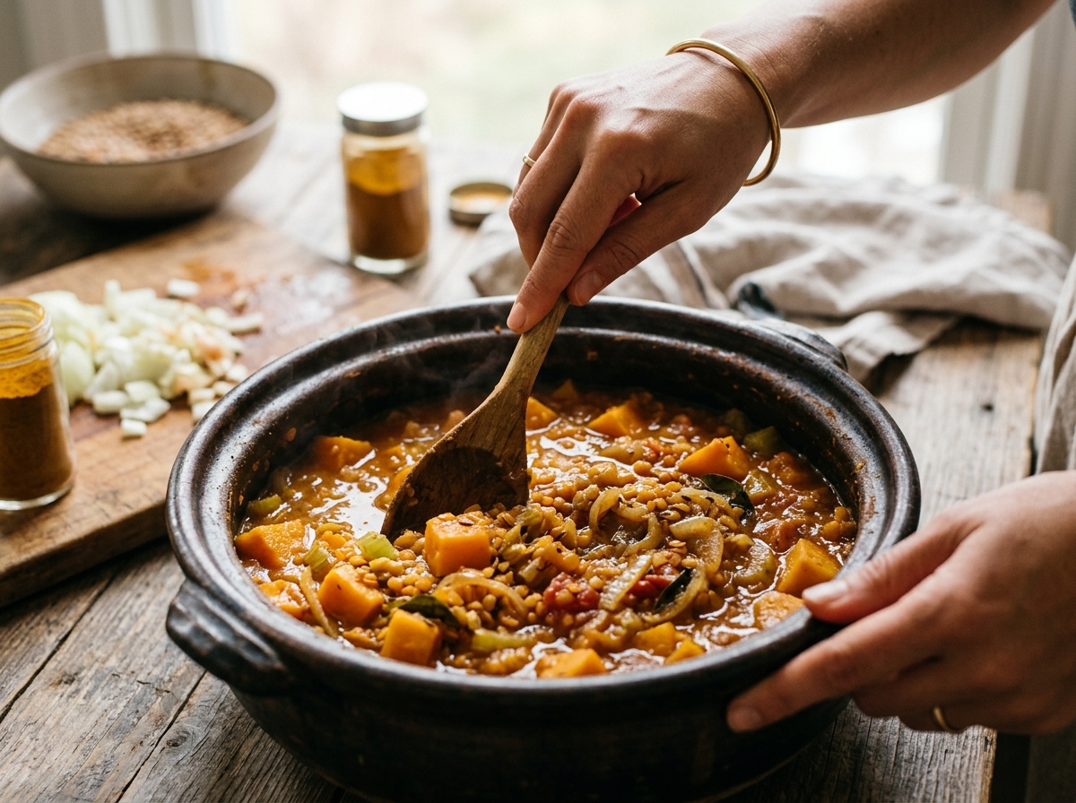 Close-up of butternut squash cubes and green lentils mid-simmer.
