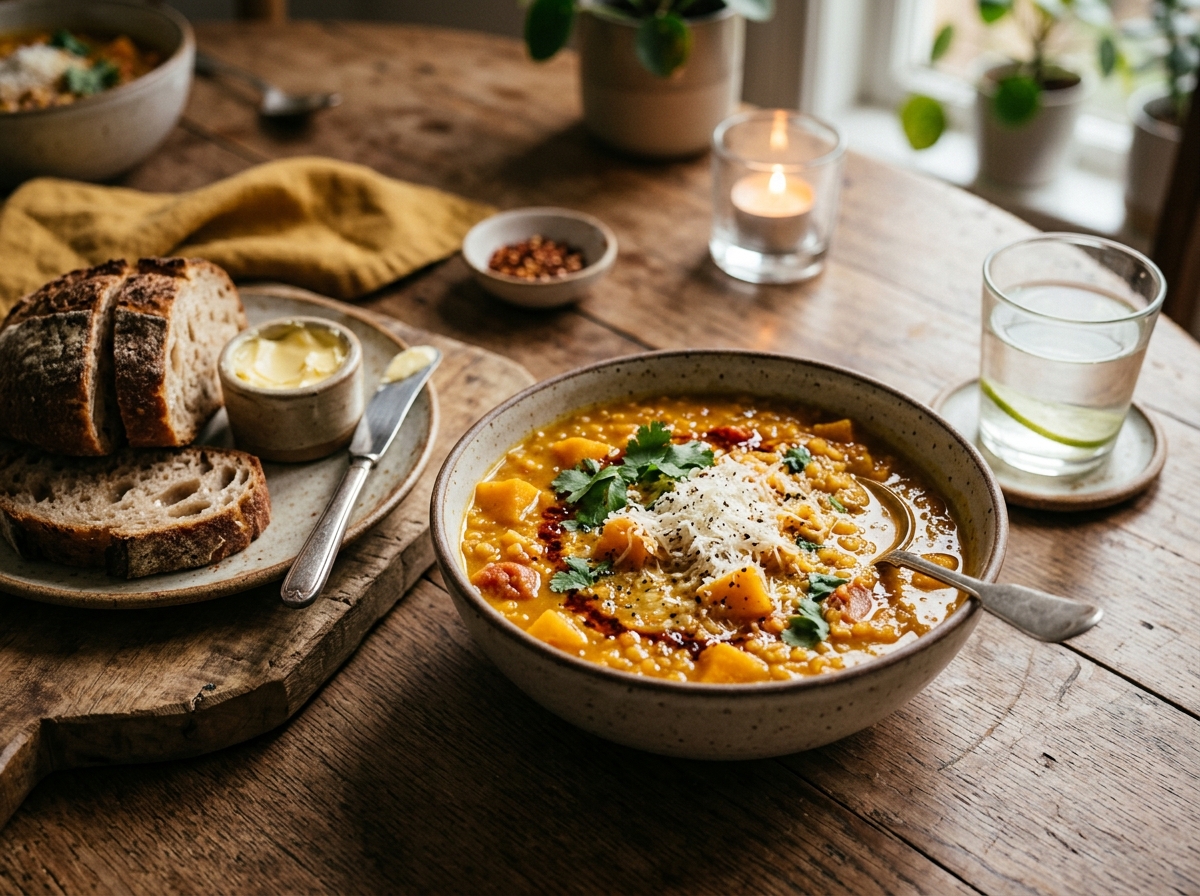 Bowl of lentil stew topped with parmesan and crusty bread nearby.