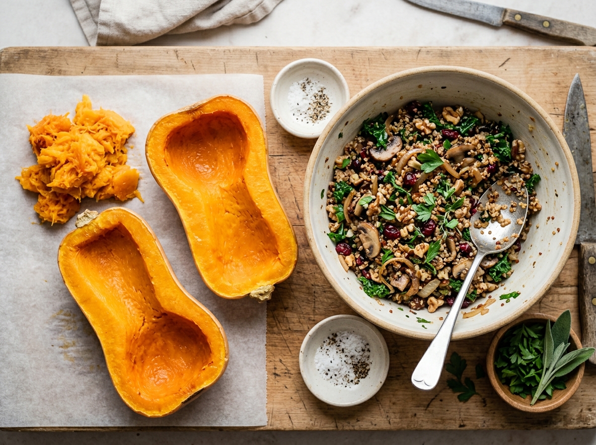 Roasted butternut squash halves ready to be stuffed with rice filling.