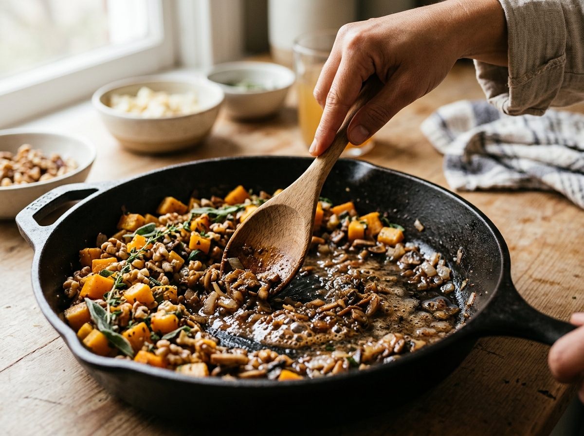 Close-up of wild rice and lentil filling being stirred in a skillet.
