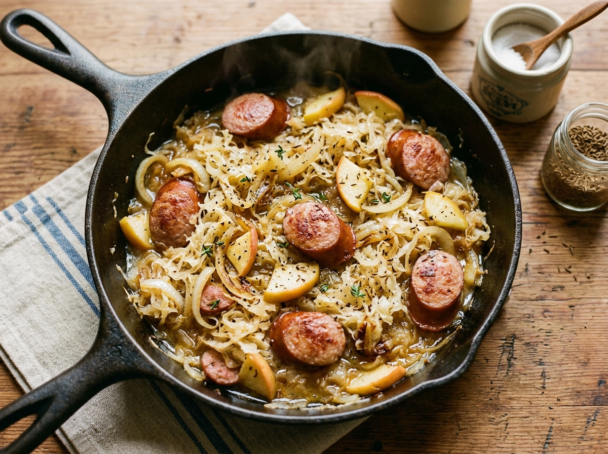 Cast-iron skillet of knackwurst, potatoes, and sauerkraut fresh from the oven.