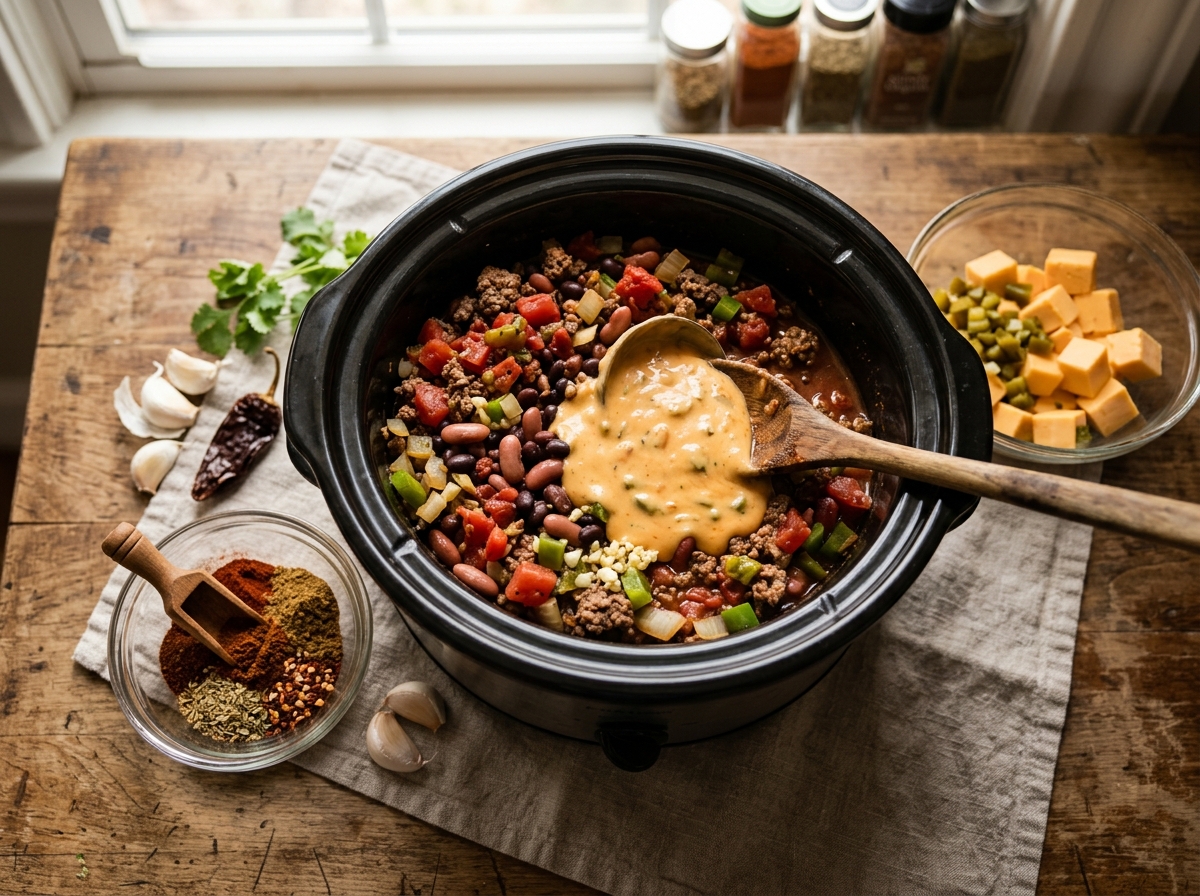 A steaming bowl of cheesy beef chili topped with avocado and cilantro.