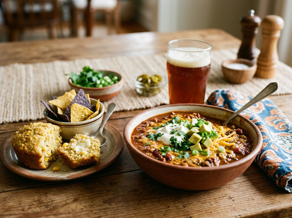 Bowls of chili served with beer bread and toppings on a table.