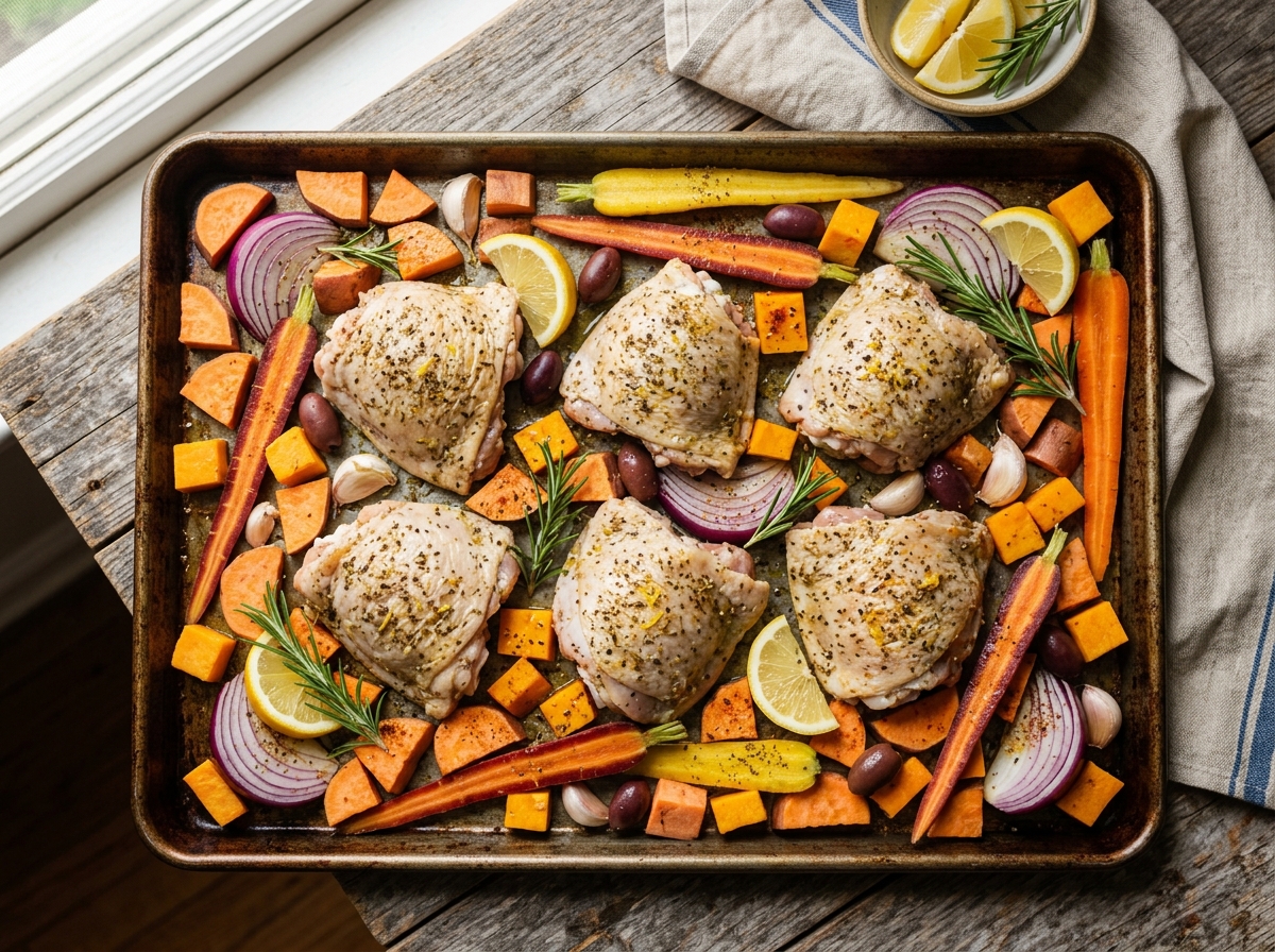 Golden roasted chicken and vegetables fresh out of the oven on a sheet pan.