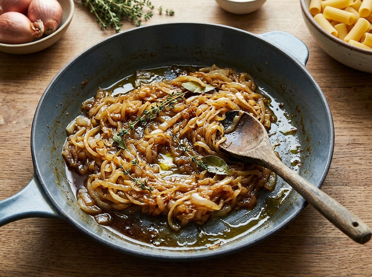 Golden caramelized onions simmering in a wide skillet