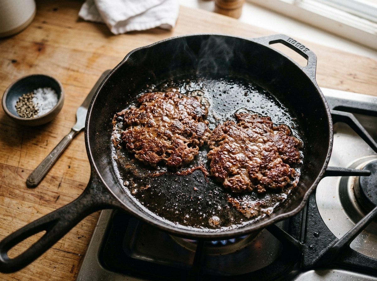 Two smashed beef patties sizzling with deep brown crust in a hot skillet.