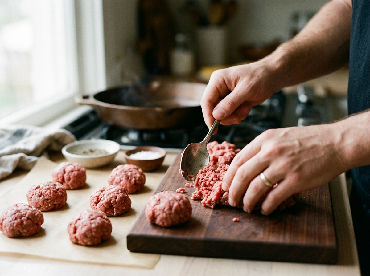 A spatula scraping a crispy-edged patty off a hot steel pan.