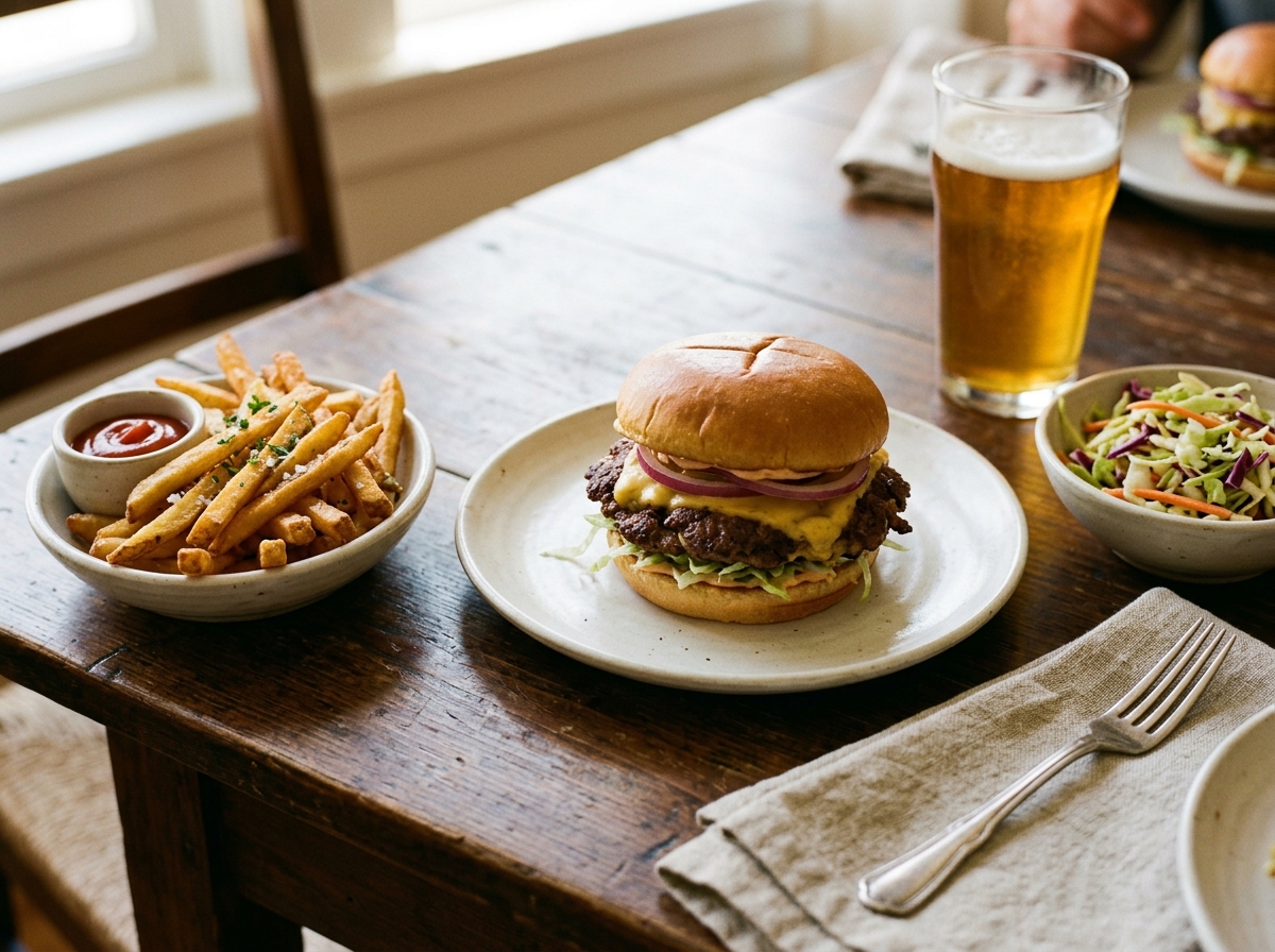 Finished smash cheeseburger plated with fries and pickles.