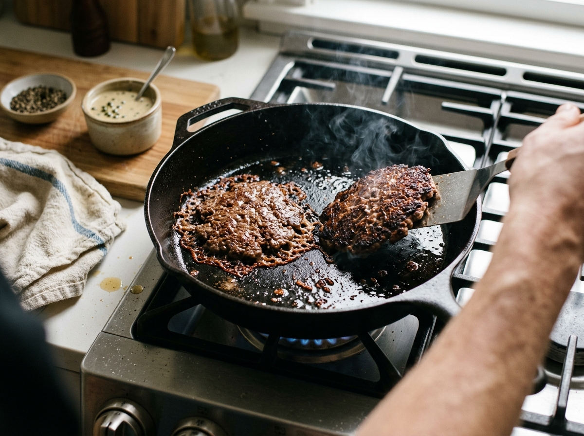 Two smash burger patties sizzling with crispy, lacy edges on a hot skillet.