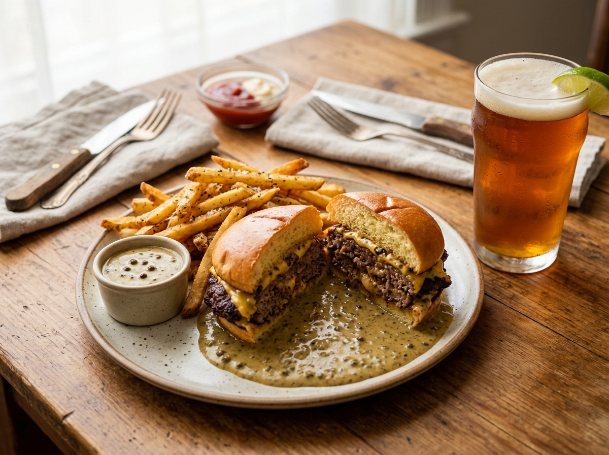 Halved smash burger plated over pooled peppercorn sauce with fries.