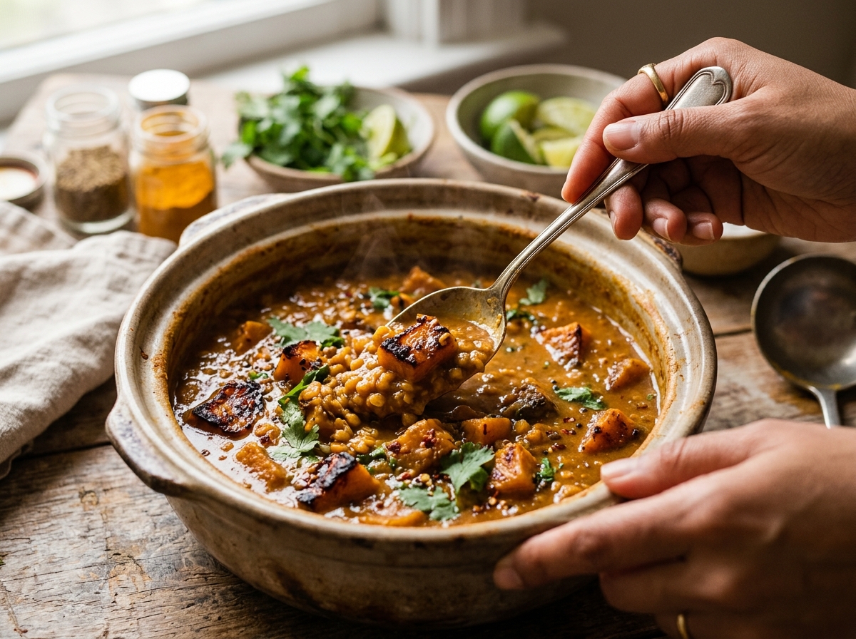 Simmering lentil curry with cauliflower and coconut milk.