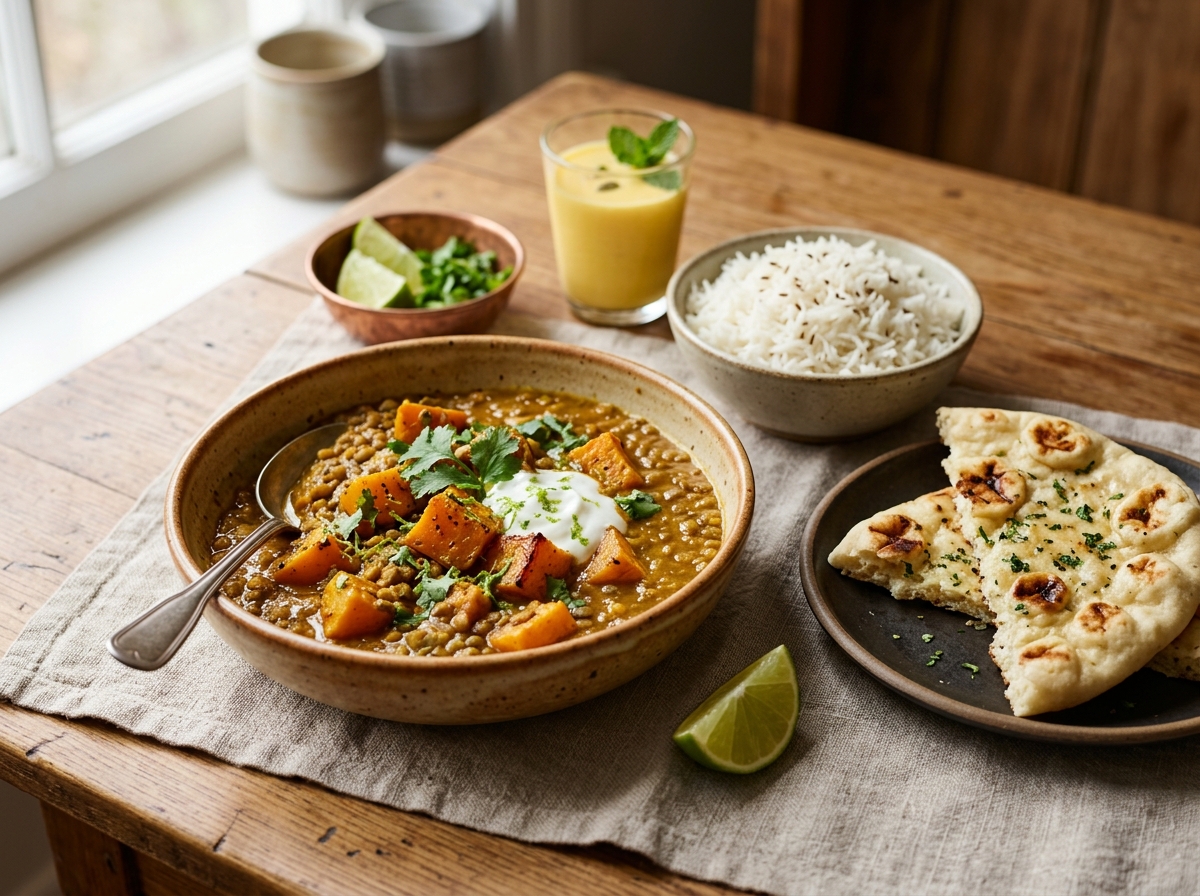 Bowl of curry garnished with cilantro, lime, and rice.
