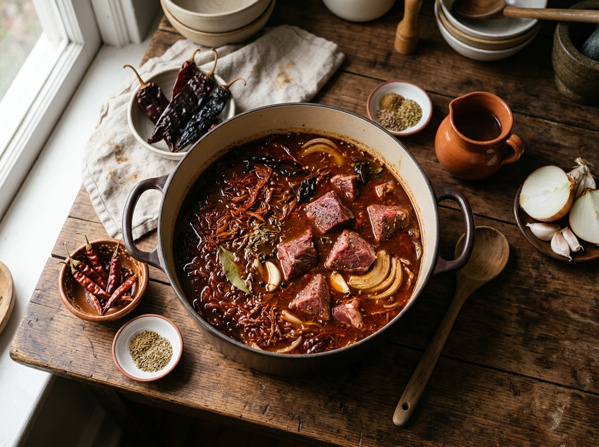 A steaming pot of shredded beef birria in deep red chile broth.