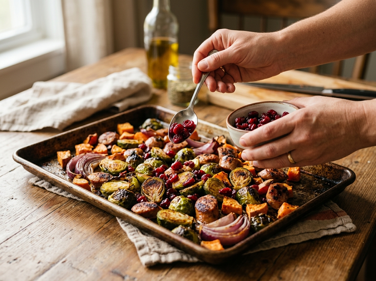 Chicken sausage slices browning alongside roasted vegetables.