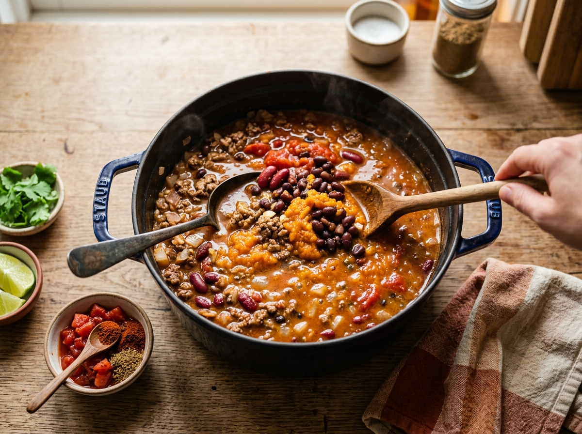 A steaming bowl of pumpkin chili topped with sour cream and cilantro.