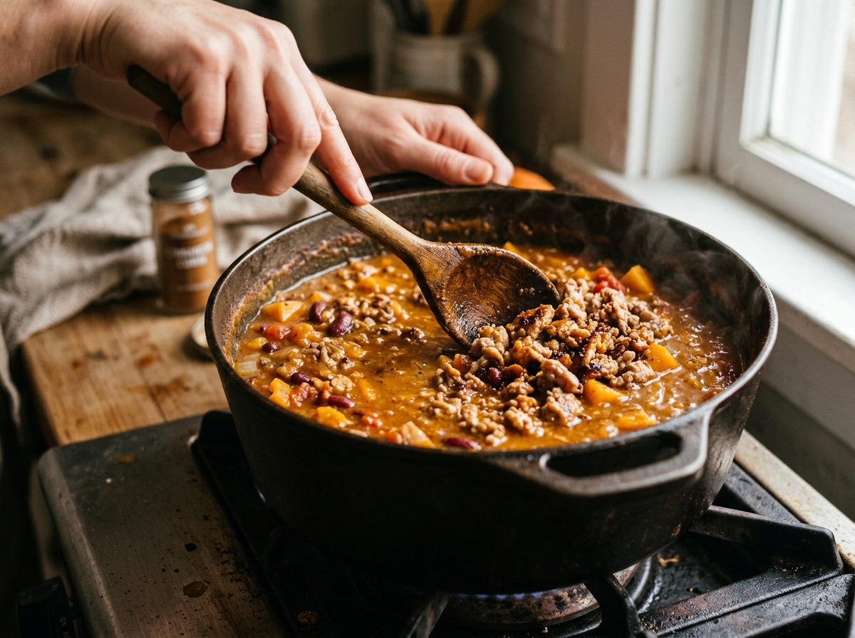 Ground pork browning with onions and peppers in a large pot.