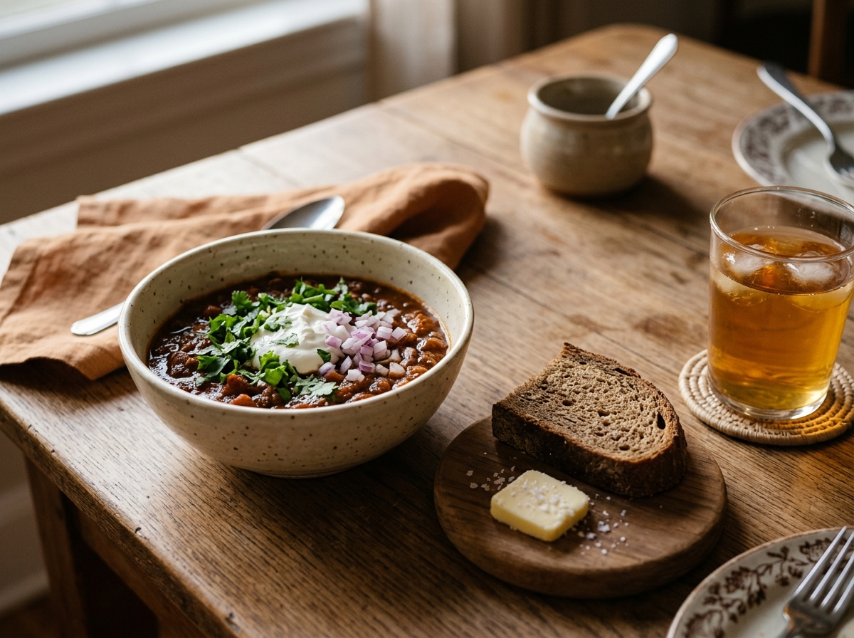 A rustic table spread with chili, cornbread, and cider.