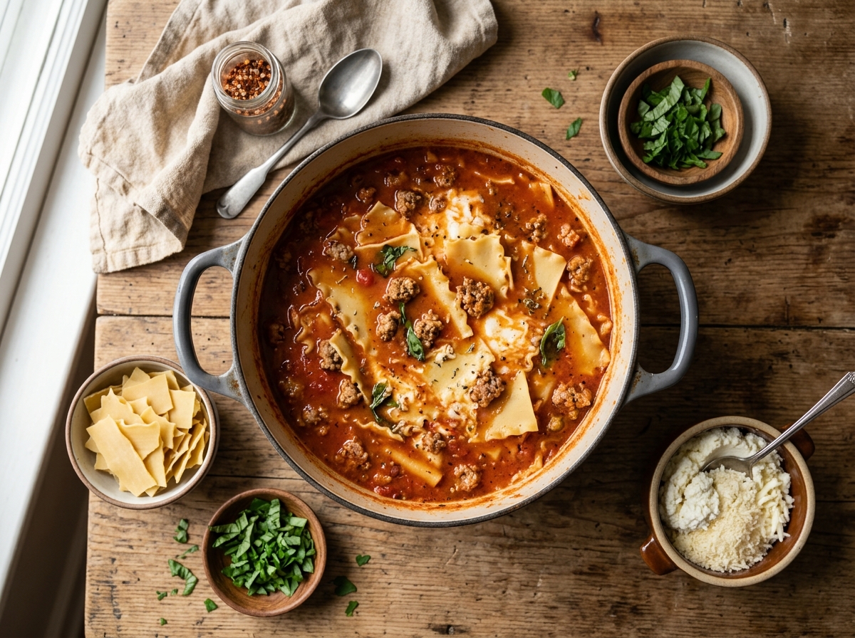 A steaming bowl of creamy lasagna soup topped with fresh basil.