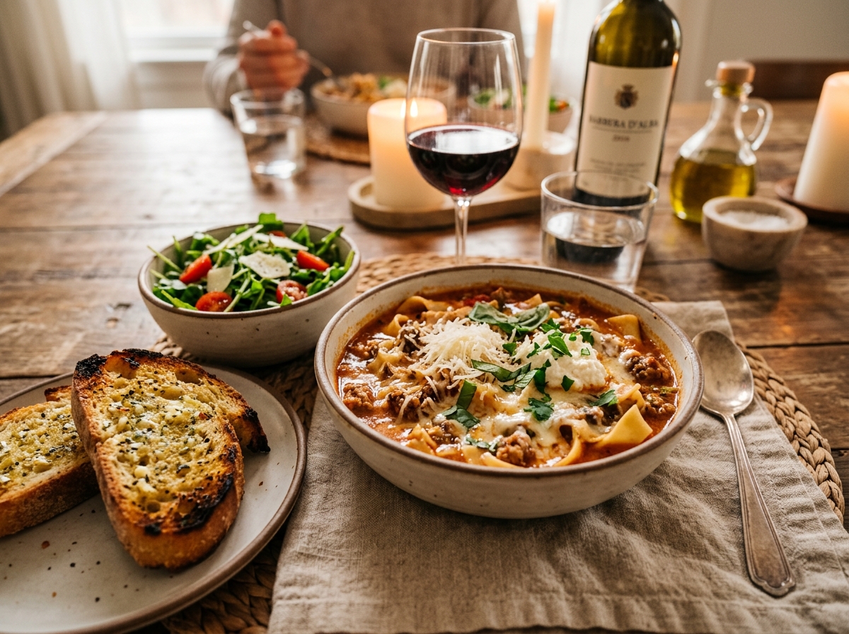 A rustic table setting with lasagna soup, bread, and a glass of red wine.