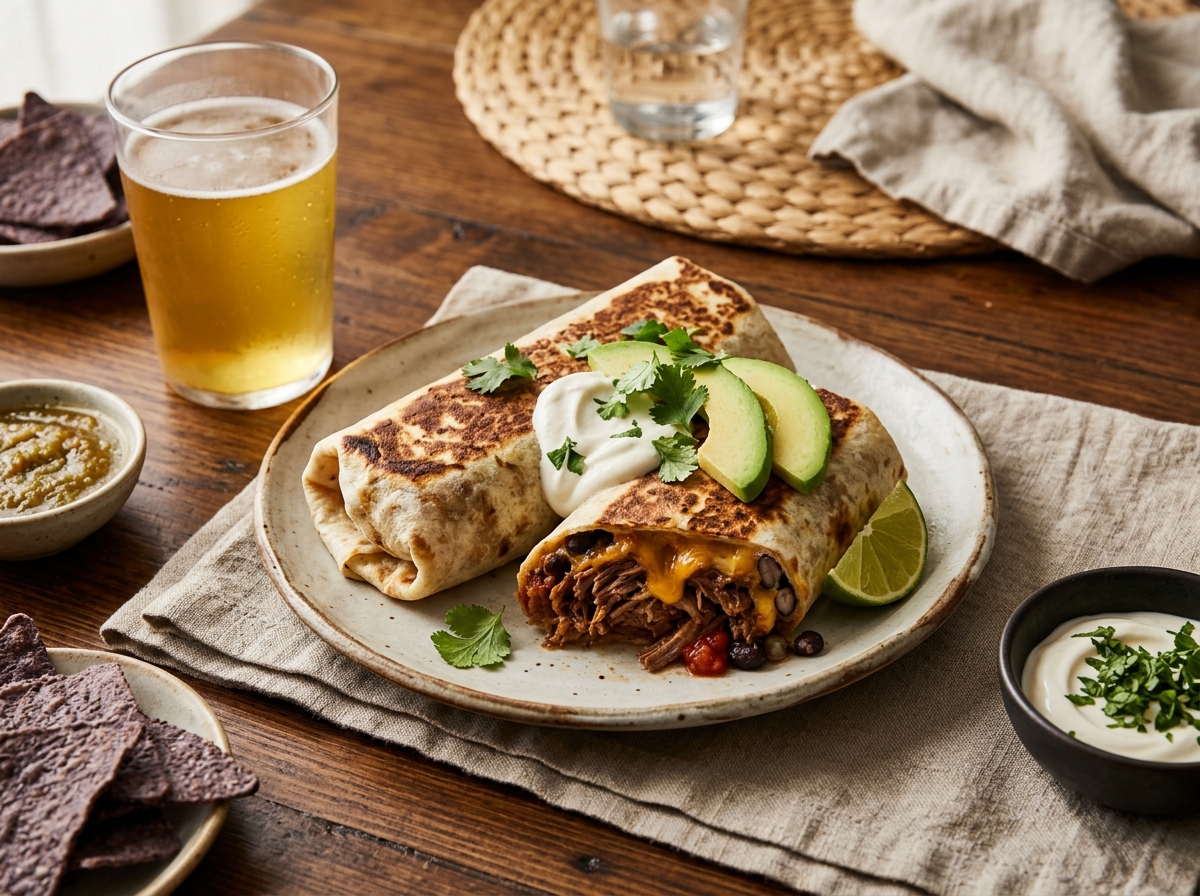 A finished burrito plated with avocado, lime, and chipotle salsa.