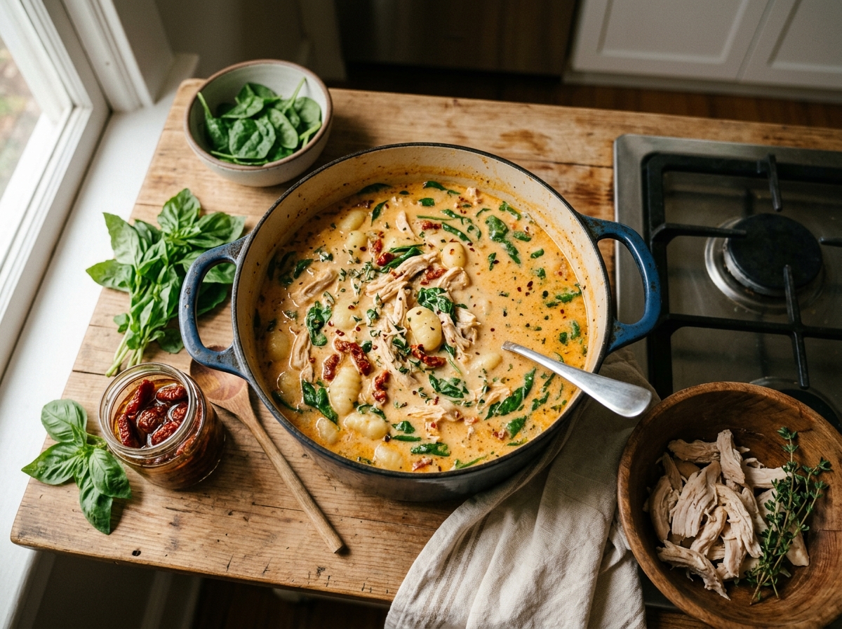 Steaming bowl of creamy gnocchi soup with basil garnish.