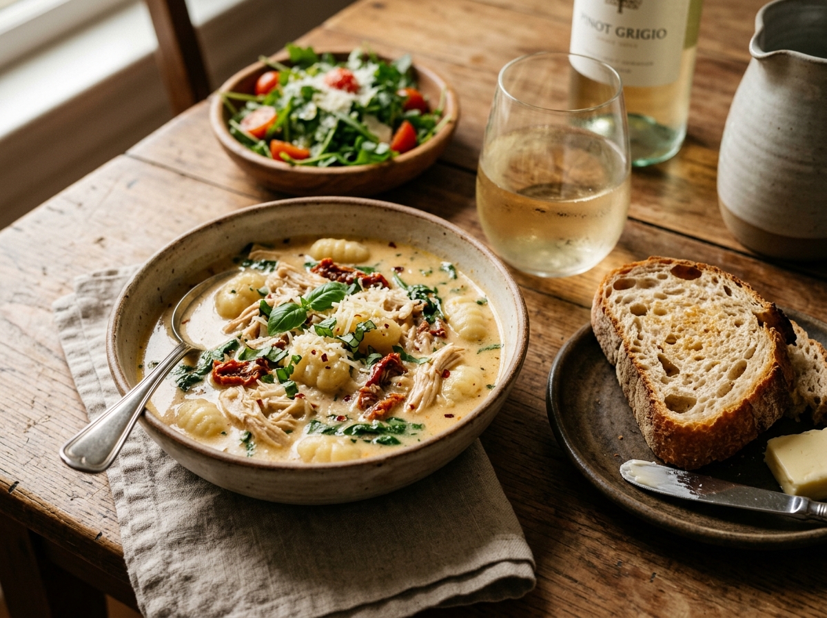 Rustic table setting with soup, bread, and glass of wine.