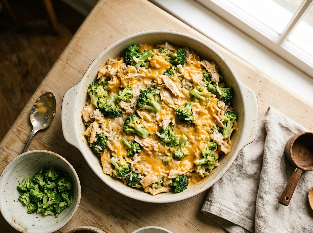 Golden, bubbling casserole fresh from the oven with melted cheddar on top.