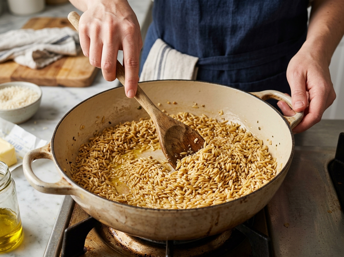 Close-up of toasted rice and orzo being stirred in a pot.