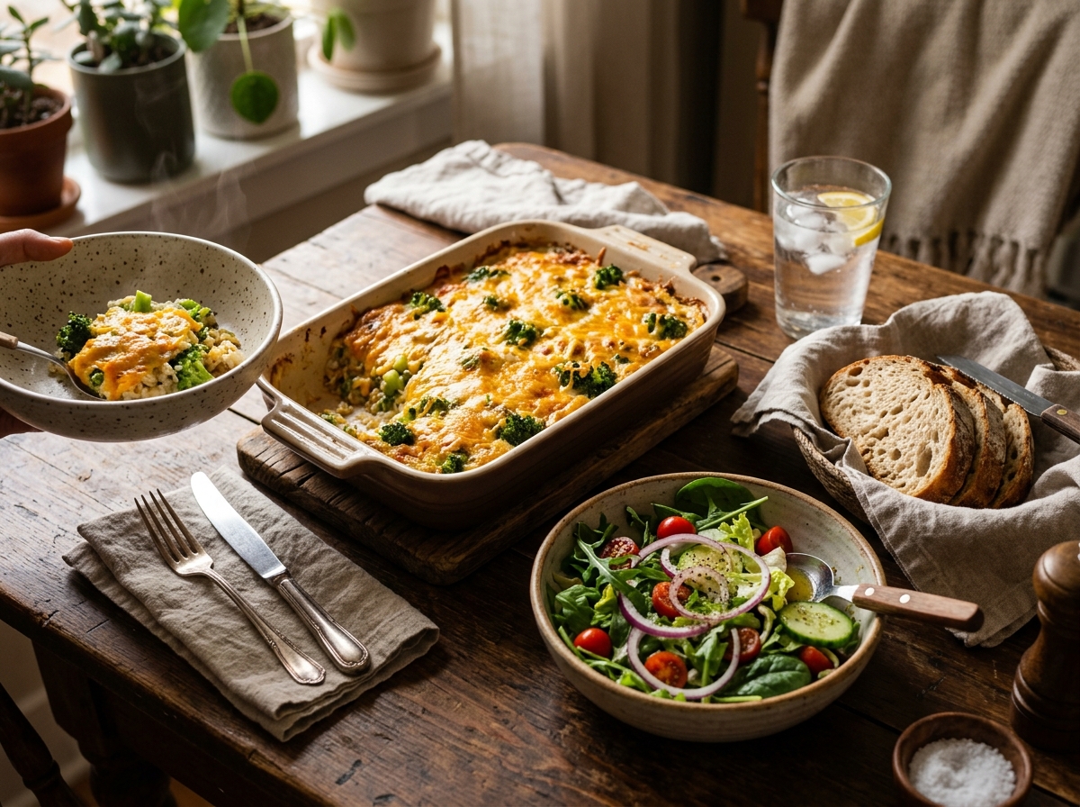 A plated serving of casserole beside a simple green salad.
