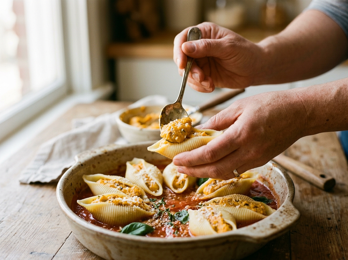 Hands carefully stuffing pasta shells with creamy cheese filling.