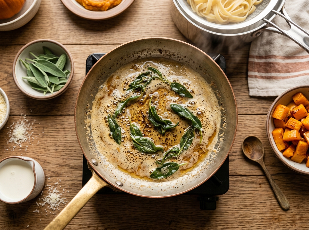 Golden brown butter sizzling with crispy sage leaves in a skillet.