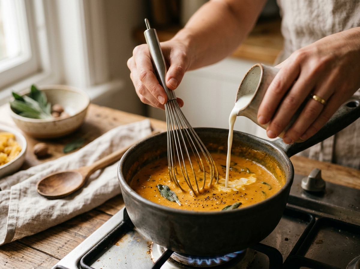 Whisking milk slowly into pumpkin sauce for a smooth finish.