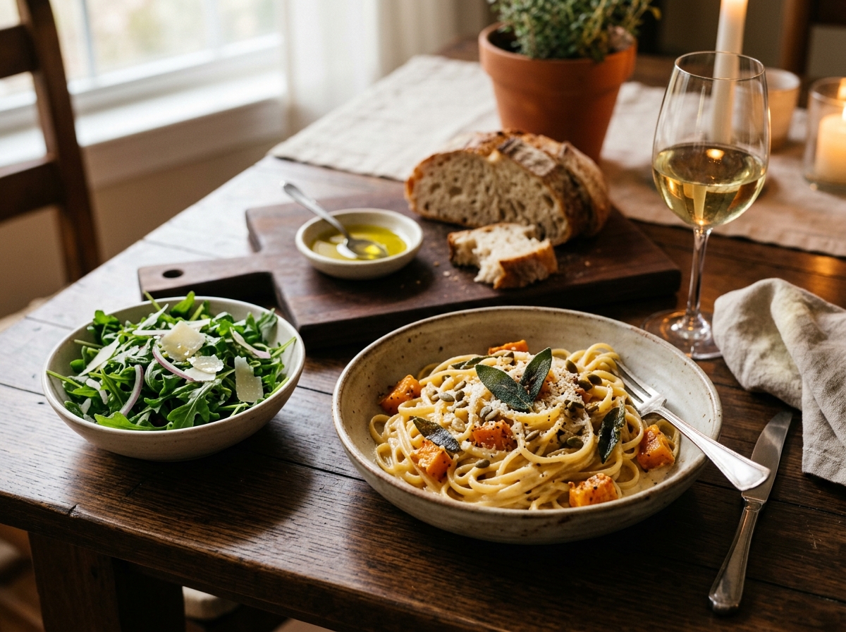 A finished bowl of pumpkin pasta garnished with crispy sage.
