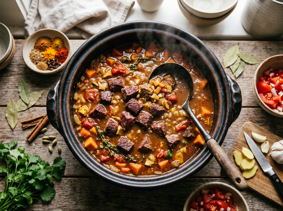 A bubbling pot of African beef stew with vibrant red palm oil sheen.