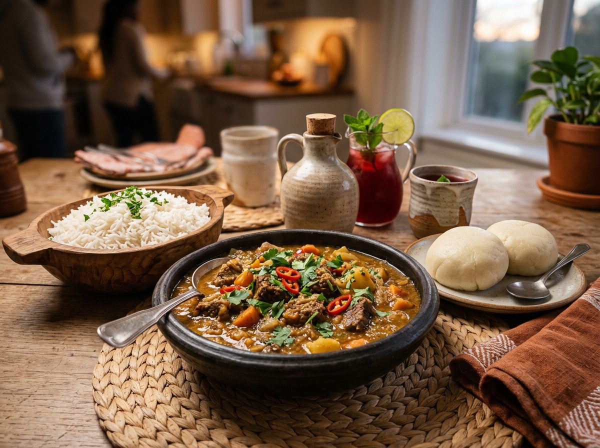 African beef stew served over rice with fufu on the side.