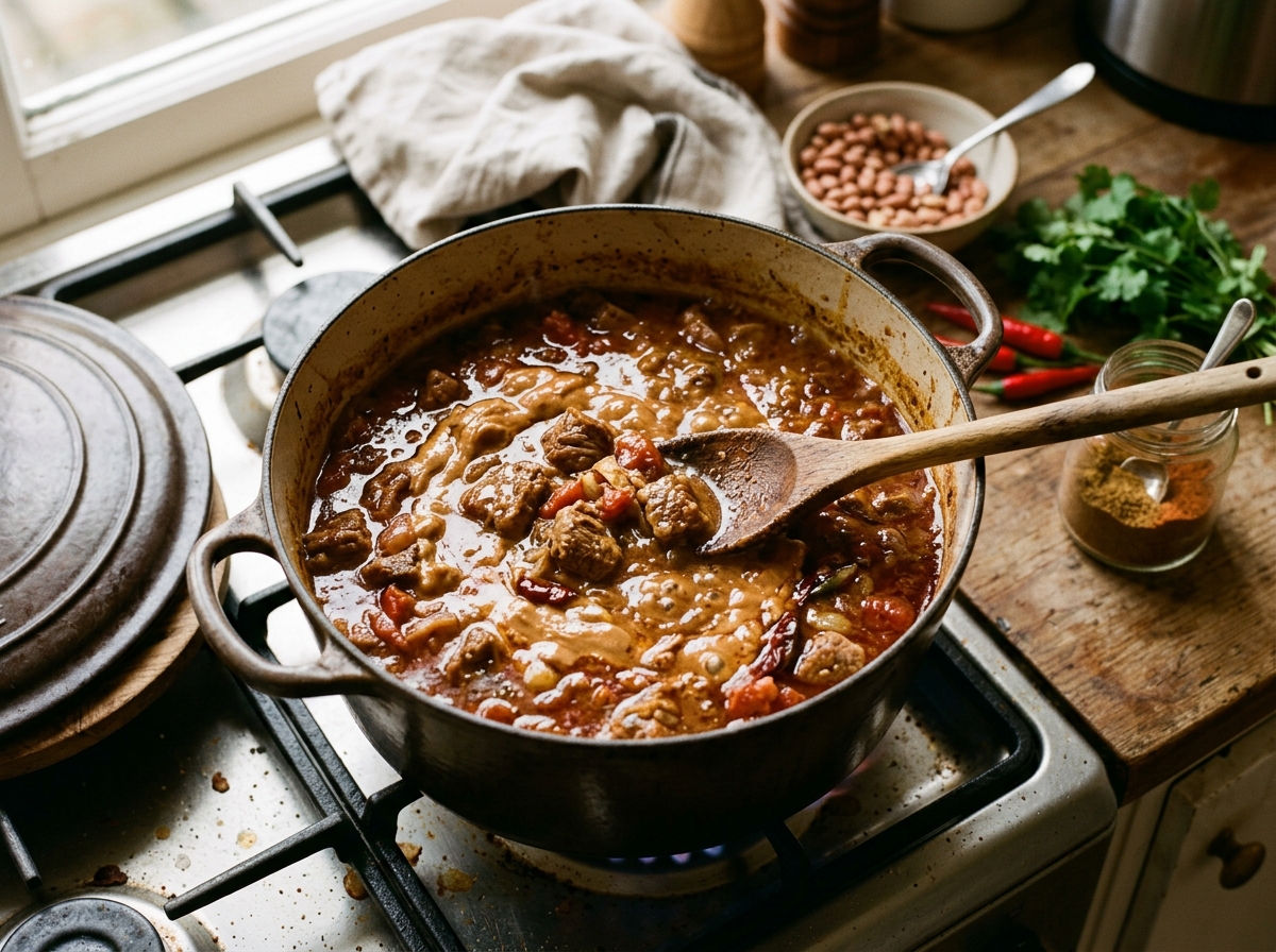 A steaming pot of glossy peanut stew with tender lamb pieces.