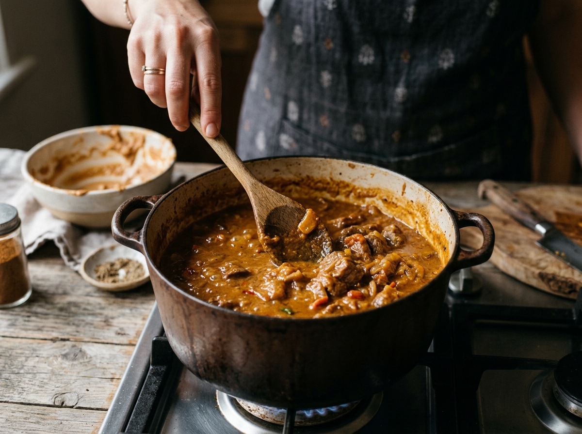 Peanut oil glistening on the surface of a finished stew.