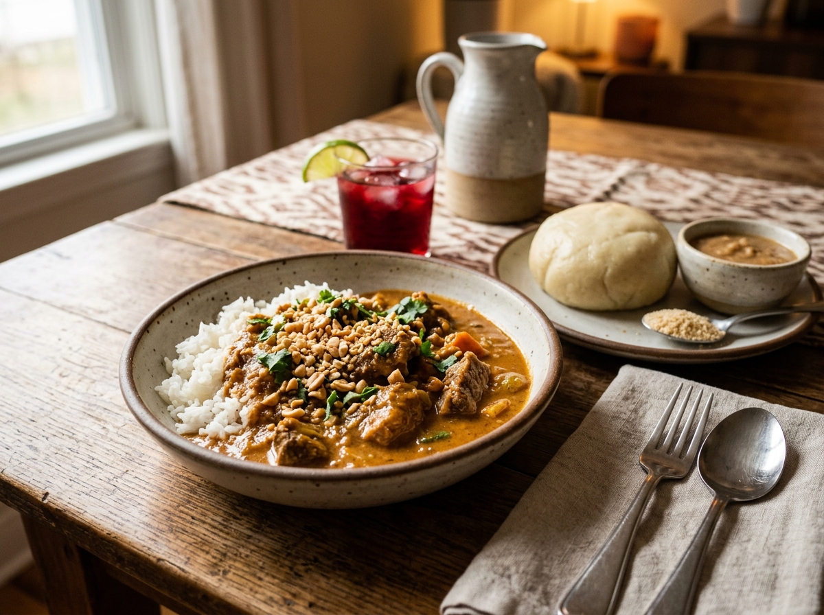 A bowl of groundnut stew served over rice with garnish.
