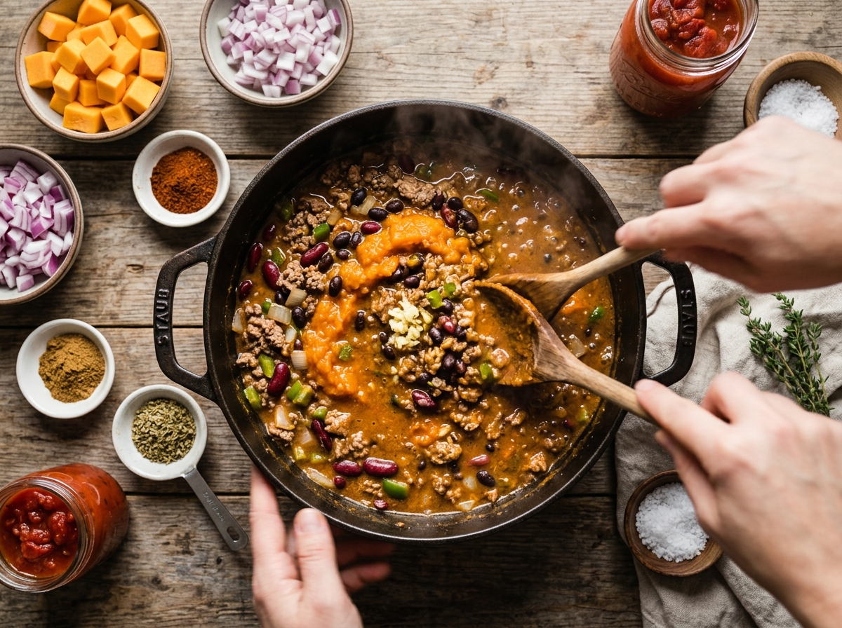 A steaming bowl of pumpkin chili topped with fresh herbs and cheese.