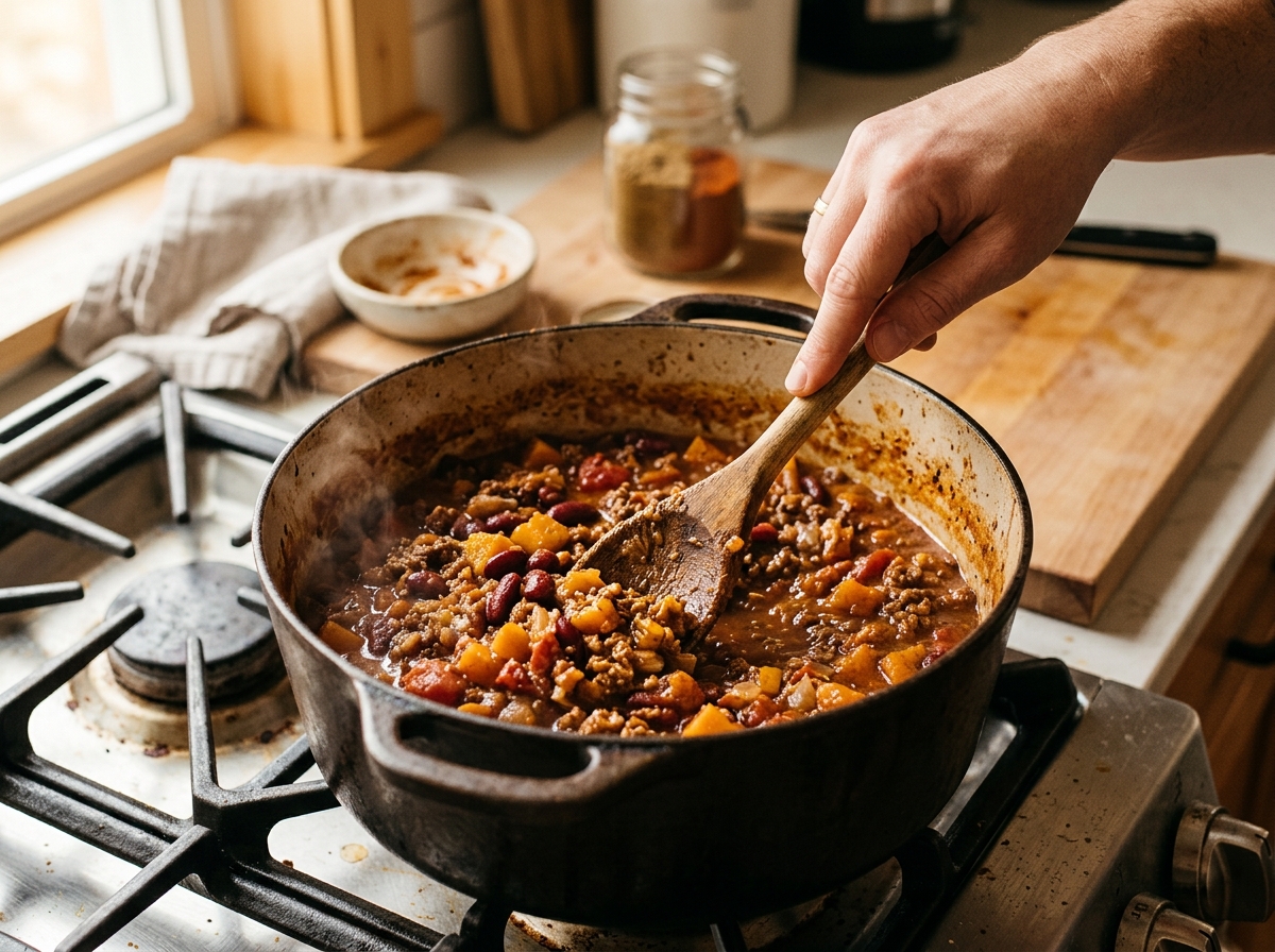 Ground beef browning in a Dutch oven with olive oil.