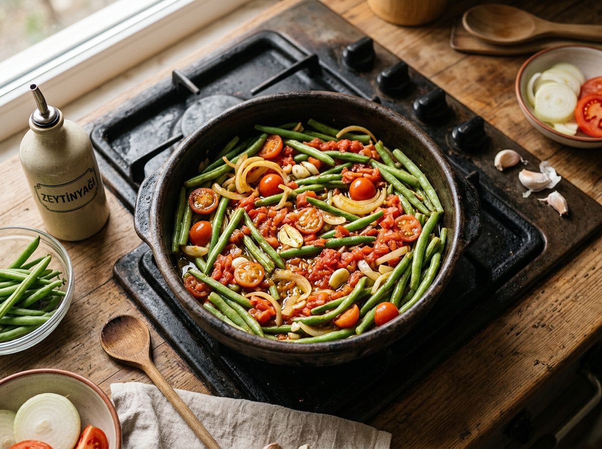 Fresh green beans, tomatoes, and onions ready for the pot.
