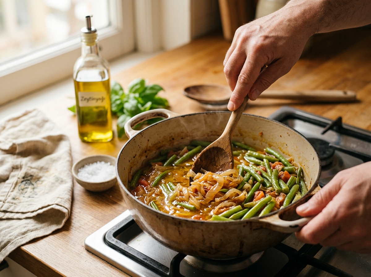 Green beans simmering gently in a covered pot.